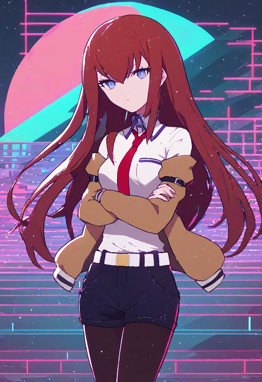 <lora:RetroWave_PonyXL:1> score_9, score_8_up, score_7_up, score_6_up, source_anime, mountainous horizon, sunset, neon lights, cityscape, 1girl, looking at viewer, neon trim, MinimalStyle, retrowave, ((Makise_Kurisu)), brown jacket, off shoulder, white shirt, red necktie, black shorts, pantyhose, legwear under shorts, white belt, makise kurisu, blue eyes, crossed arms