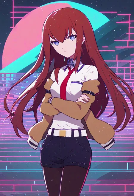 <lora:RetroWave_PonyXL:1> score_9, score_8_up, score_7_up, score_6_up, source_anime, mountainous horizon, sunset, neon lights, cityscape, 1girl, looking at viewer, neon trim, MinimalStyle, retrowave, ((Makise_Kurisu)), brown jacket, off shoulder, white shirt, red necktie, black shorts, pantyhose, legwear under shorts, white belt, makise kurisu, blue eyes, crossed arms