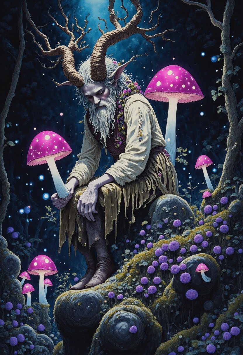 Studio Ghibli Dark Fairytale satyr depicting a fantastical scene with an old, bearded man with goat-like features, reminiscent of a satyr or faun. He is sitting on a rock in a forest setting, surrounded by lush greenery and purple plants and twisting vines and glowing magenta mushrooms