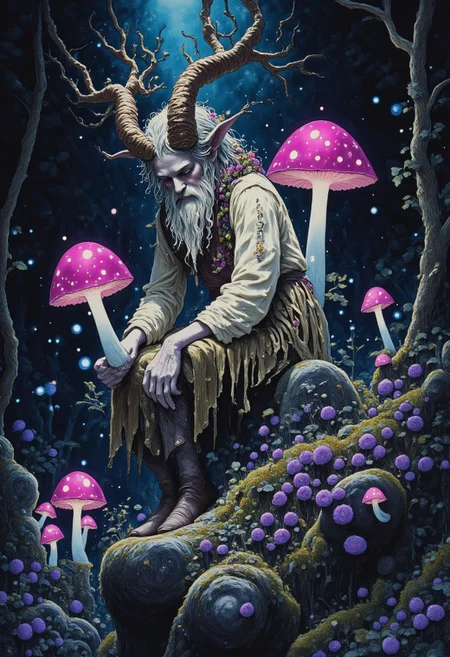 Studio Ghibli Dark Fairytale satyr depicting a fantastical scene with an old, bearded man with goat-like features, reminiscent of a satyr or faun. He is sitting on a rock in a forest setting, surrounded by lush greenery and purple plants and twisting vines and glowing magenta mushrooms