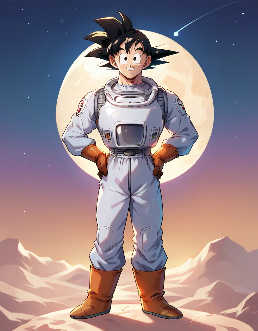score_9, score_8_up, score_7_up,
gokuxl, solo,1boy, black eyes, looking at viewer,
full body, smile, spacesuit, happy, standing on the moon looking up to planet earth, hands on own hips,
<lora:gokuxl-000004:0.9>,