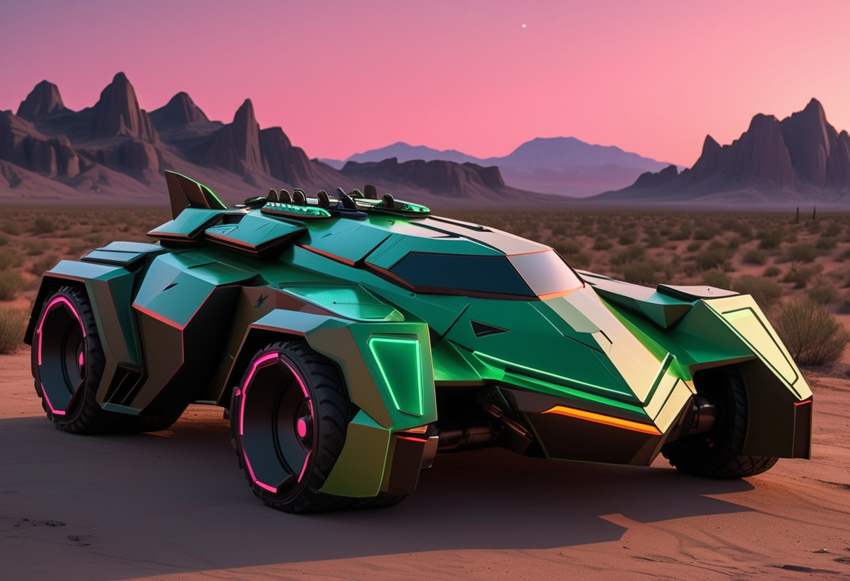 (medium full shot) of (high-tech medium green futuristic armored car, batmobile style) with composite armor, elegant design, hybrid engine, bulletproof windows, stealth panels, set in  a plain at dusk, where the sky is painted with hues of orange and pink, as the sun sets and shadows stretch across the land, during a nighttime operation, ,Masterpiece,best quality, raw photo, realistic, very aesthetic