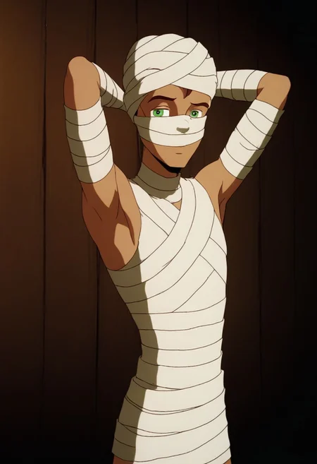 ((masterpiece)), ((best quality)), ((ultra-detailed)), 1boy, Presley Carnovan, male focus, 1boy, solo, green eyes, dark skin, Forehead Mark, score_9_up, score_8_up, score_7_up, HD, top quality, best quality, High-quality illustrations, anime screencap, perfect anatomy, 1boy, solo, handsome, cute, attractive, sexy, tall, tall body, tall height, lean body, fit body, slim body, slim waist, bandages, sleepy, joyful, flattered expression, cute winking, hand behind head, armpit, showing armpit, bedroom, <lora:mummy-costume-ponyxl-lora-nochekaiser:1>, mummy costume, bandages, halloween costume, bandaged arm, zombie pose, bandage on face,