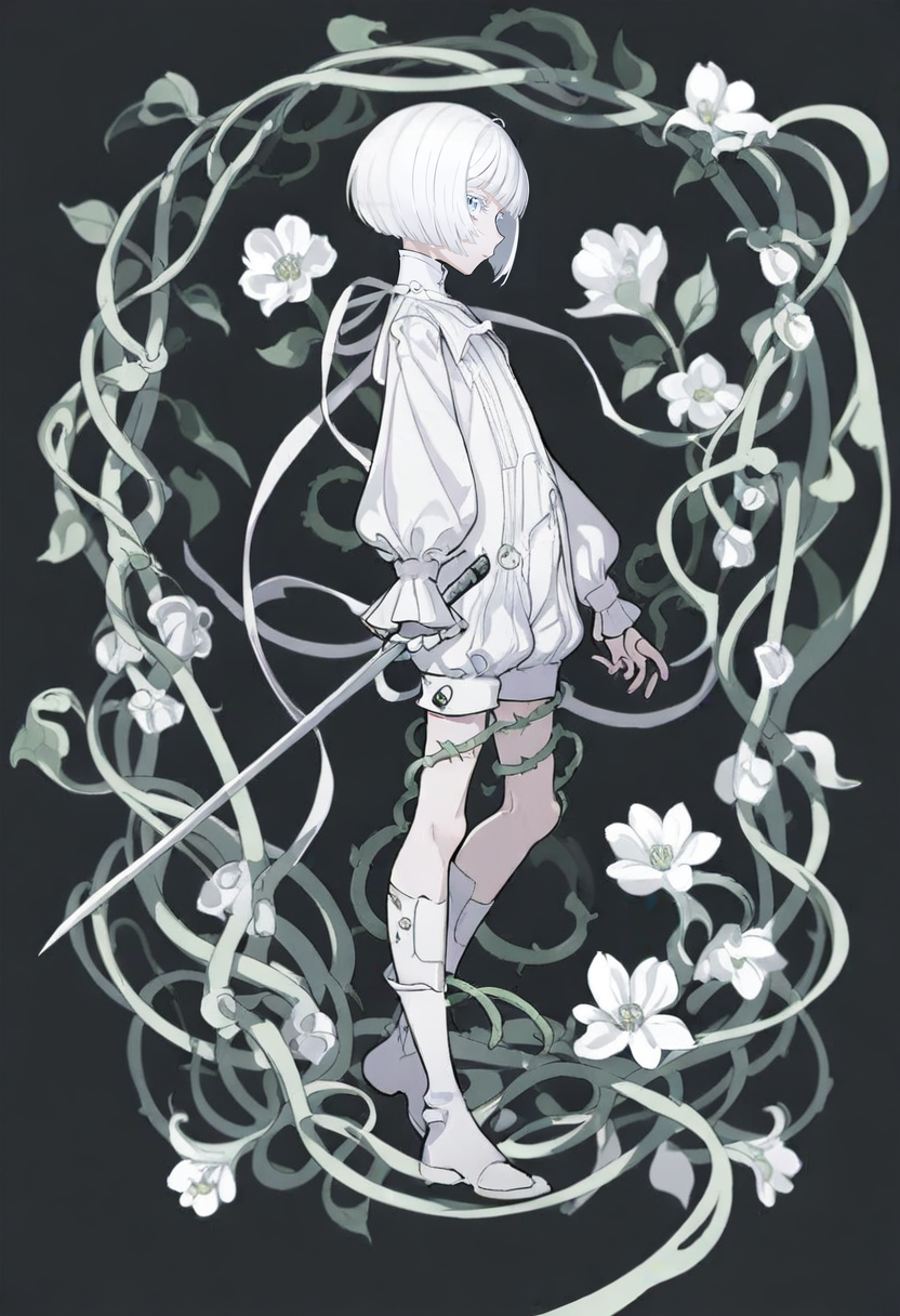 <lora:yoneyamaiXL_il_lokr_V53P1:0.95> short hair, solo, androgynous, 1other, black background, white hair, weapon, sword, flower, amputee, other focus, from side, holding, looking at viewer, long sleeves, puffy sleeves, plant, full body, simple background, holding weapon, holding sword, shorts, vines, white eyes, white shirt, ribbon, bob cut, colored eyelashes, profile, shirt, white flower, puffy long sleeves, short jumpsuit, blue eyes, eyelashes, wide sleeves, sideways glance, severed limb, standing