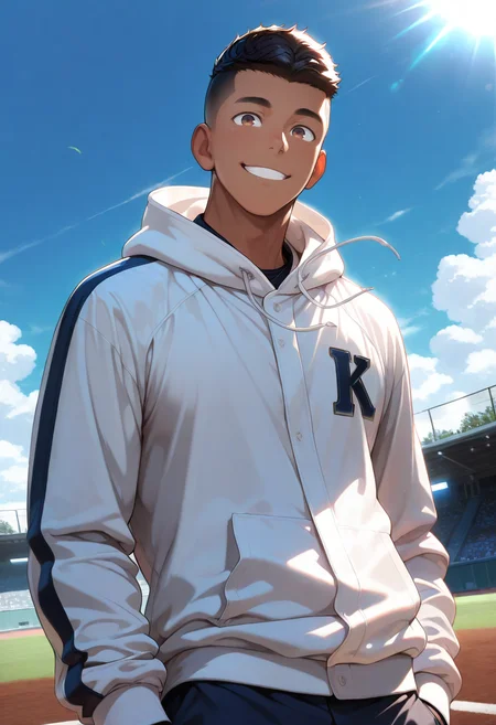 masterpiece,best quality,amazing quality,very aesthetic,absurdres,newest,Volumetric Lighting,
1boy,solo,male focus,<lora:Baseball_Boy:0.8>,BaseballBoy,brown eyes,short hair,black hair,crew cut,dark-skinned male,smile,hoodie,outdoors,sports ground,blue sky,wind,sunlight,<lora:saimin_seishidou_by_Nyx_for_Illu:0.6>,