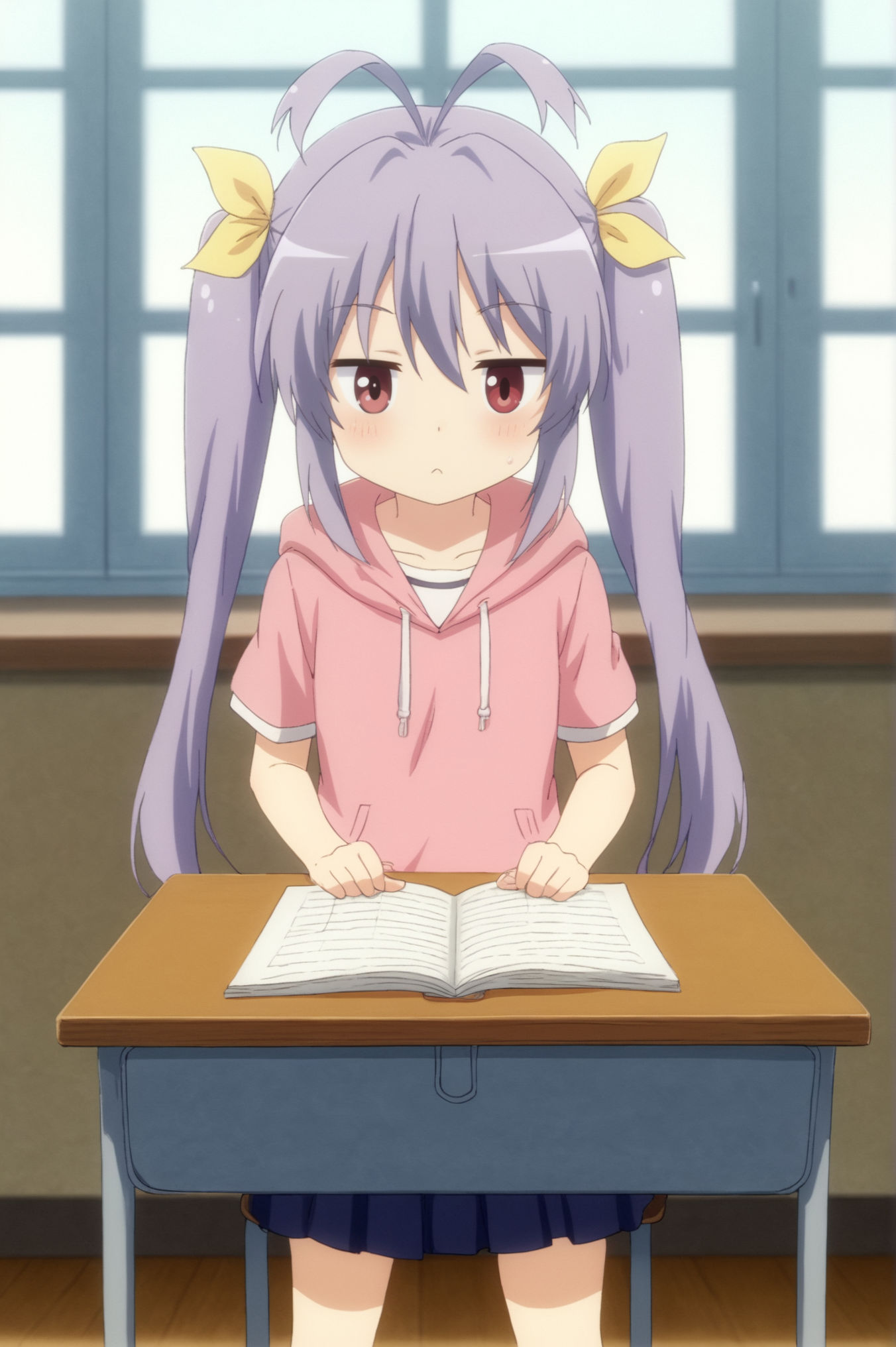 <lora:Renge_Miyauchi:0.7>, Renge Miyauchi, 1girl, solo, short_sleeves, indoors, hood, window, hoodie, :<, desk, classroom, school_desk <lora:sdxl_lightning_4step_lora:1>
