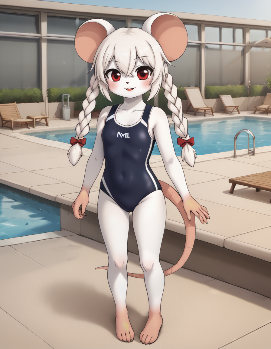 outdoors,poolside,
full body,smile,parted lips,
swimsuit,
<lora:Mia_v03_PDXL:1>,Mia,1girl,solo,furry female,mouse girl,mouse ears,mouse hair,red eyes,long hair,braid,hair bow,red bow,twin braids,bangs,hair between eyes,body fur,white fur,