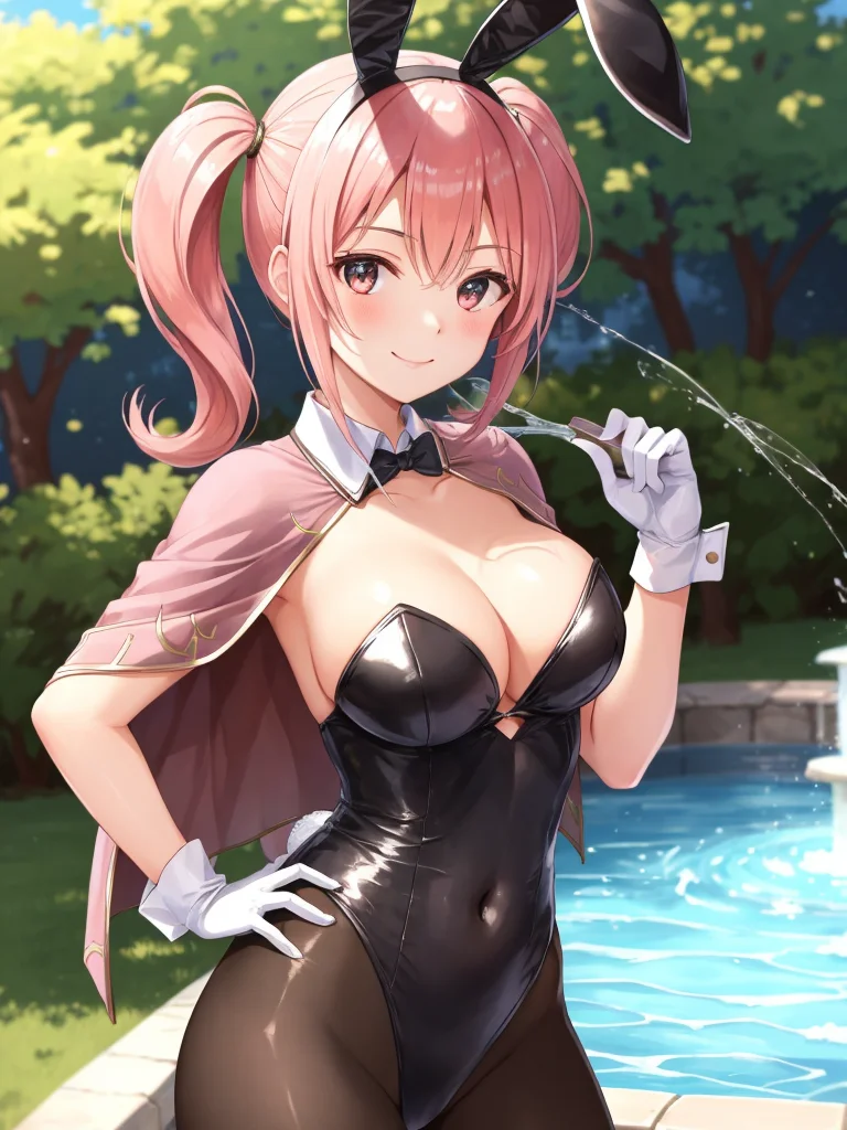 <lora:Mae_FE-10:0.6>, mae fe, 1girl, solo, looking at viewer, smile, large breasts, garden, water fountain, gloves, animal ears, cleavage, bare shoulders, twintails, collarbone, pantyhose, white gloves, rabbit ears, leotard, hand on hip, black pantyhose, strapless, covered navel, capelet, detached collar, fake animal ears, playboy bunny, strapless leotard