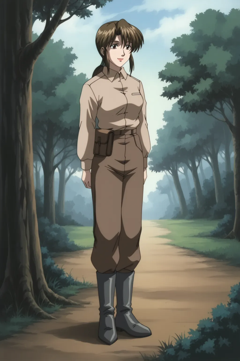 score_9, best, masterpiece, uncensored,
forest,
1girl, solo, 1990s (style), retro artstyle, official style, smile,
ShinjinTourConductorRina,
RinaPantsOutfit, low ponytail, light brown collared shirt with long sleeves, brown pants tucked in footwear, front-left facing brown fanny pack, black ankle hiking boots,  hair tube grey tie,
<lora:ShinjinTourConductorRina_V4:0.8>​​​