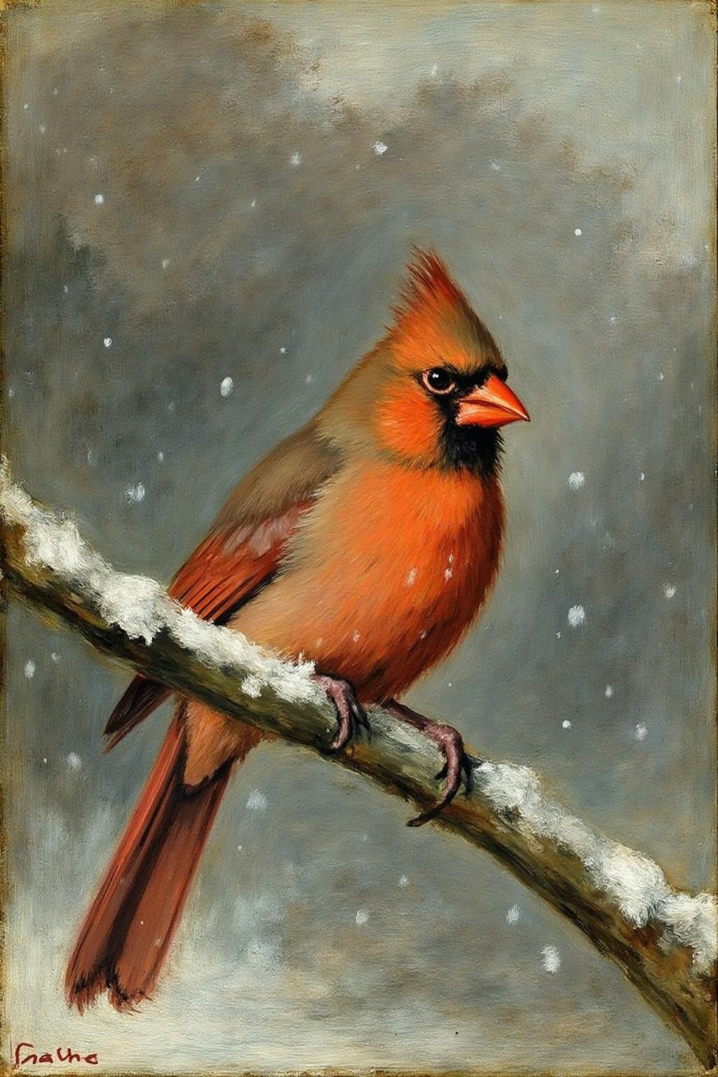 fraha1 painting of a red cardinal perched on a branch during a snowstorm  <lora:fraha2_nocap_d6a3:1.0><lora:806983248069628103:0>