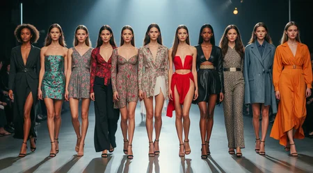 a lineup of top models at a fashion show, full frontal view, fashion editorial photography, high-fashion imagery, avant-garde aesthetics, editorial storytelling, conveying fashion trends and concepts, artistic interpretation, expert styling, professional lighting, capturing fashion-forward visuals, creating visual impact, evoking emotion, pushing creative boundaries