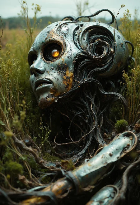 a digital painting of in the style of simon-stalenhag An abandoned, retro-futuristic Close-up of the Broken humoniod Robot lying in the middle of the field, partially covered by tall grass. Its metallic body is dented and weathered, with wires hanging loosely from its joints. The robot's eyes, once glowing, are now dim and cracked, abandoned The details emphasize rust, scratches, and the integration of nature reclaiming the machine, with moss growing in the crevices of the robot's frame.