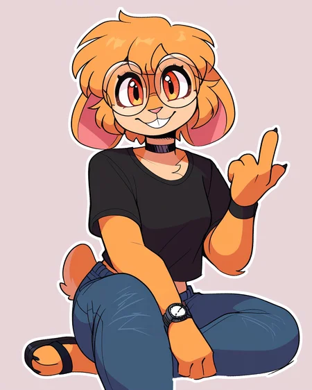 score_9_up, score_8_up, score_7_up, score_6_up, by remanedur, half-length portrait, short hair, furry female, female, furry, rabbit, round eyewear, glasses, wristband, wristwatch, animal ears, black choker, looking at viewer, solo, smile, happy, gesture, three-quarter view, head tilt, black shirt, t-shirt, midriff, jeans, tail, sandals, simple background, white outline, <lora:Leah_Pines(AIM)_XL_v1:0.25> <lora:PDXL_artist_tags_v2_big:0.5> <lora:The-Minuscule-Task_PDXL_v1.0:0.6> <lora:Carol_Drawligator:0.5>