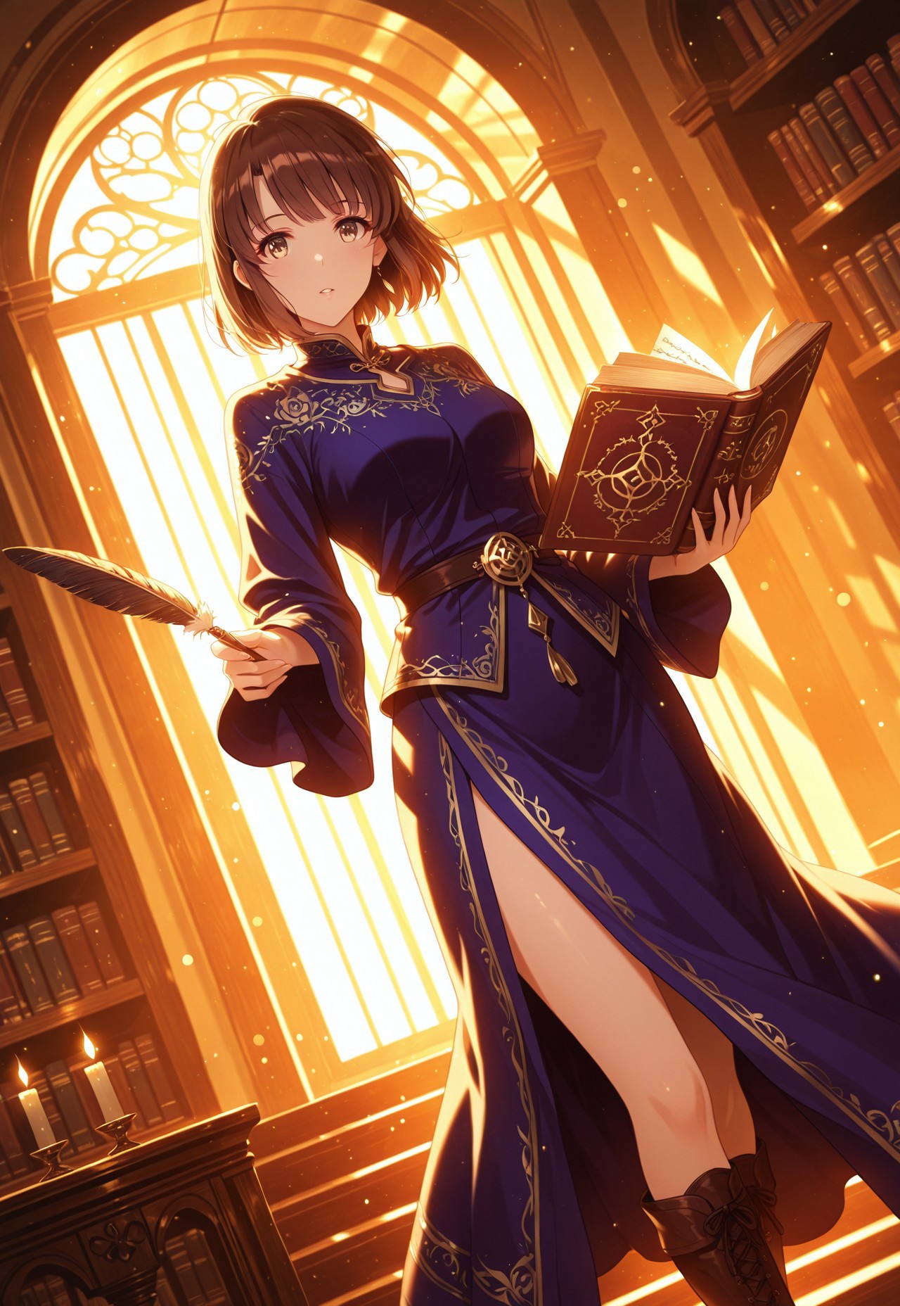 safe_pos, 1girl, solo, Megumi <lora:IL-KatoMegumi:0.8>,brown hair,katou megumi,brown eyes,medium breasts,short hair, 

dynamic view, dutch angle, dynamic angle, cinematic framing, (digital painting:0.8), auralora, (aura:0.2), mythp0rt, bokeh, (luminescent background:0.8), grand magical library, seated on a floating book, thigh high slit sorceress robe with intricate embroidery, open spellbook, enchanted quill, dim candlelight, shelves filled with ancient books, floating crystal orbs, soft magical glow, knee high boots, mysterious and academic atmosphere, looking at viewer,

elegant, masterpiece, best quality, highly detailed, high contrast, dramatic shadows, raytracing, subsurface scattering,((detailed eyes, good fingers))