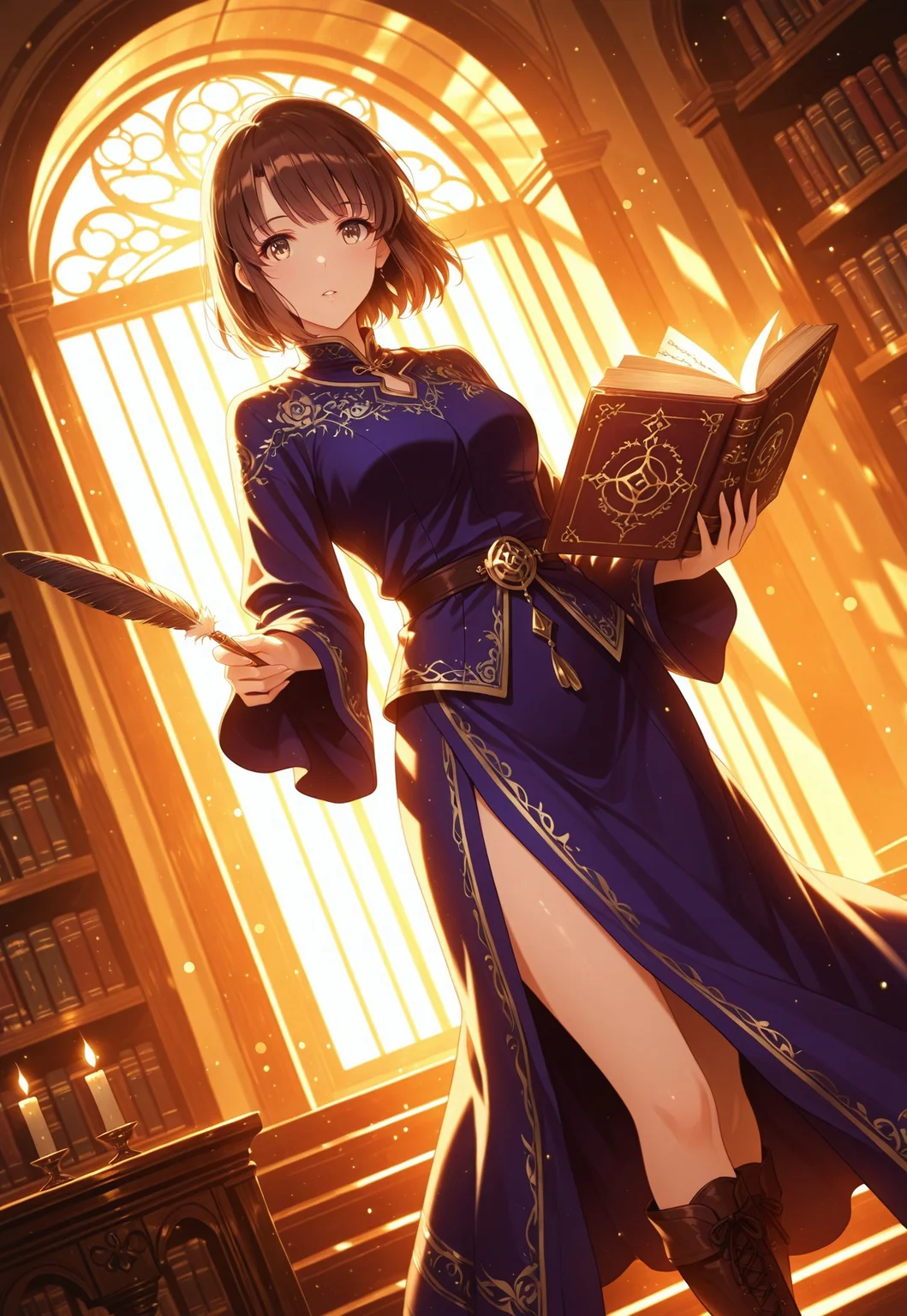 safe_pos, 1girl, solo, Megumi <lora:IL-KatoMegumi:0.8>,brown hair,katou megumi,brown eyes,medium breasts,short hair,
dynamic view, dutch angle, dynamic angle, cinematic framing, (digital painting:0.8), auralora, (aura:0.2), mythp0rt, bokeh, (luminescent background:0.8), grand magical library, seated on a floating book, thigh high slit sorceress robe with intricate embroidery, open spellbook, enchanted quill, dim candlelight, shelves filled with ancient books, floating crystal orbs, soft magical glow, knee high boots, mysterious and academic atmosphere, looking at viewer,
elegant, masterpiece, best quality, highly detailed, high contrast, dramatic shadows, raytracing, subsurface scattering,((detailed eyes, good fingers))
