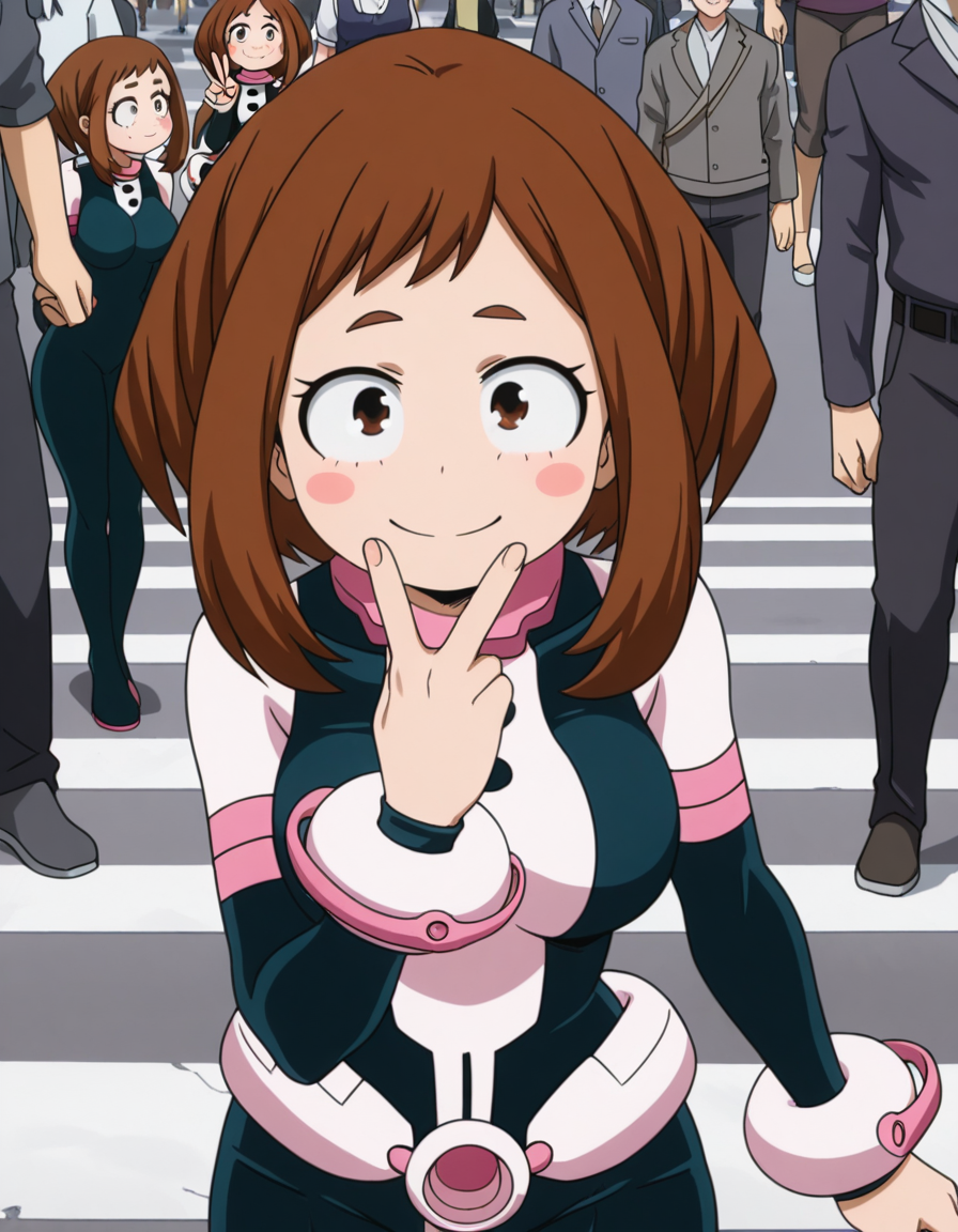 masterpiece, best quality, amazing quality,, <lora:ochako-uraraka-s3-illustriousxl-lora-nochekaiser:1>, ochako uraraka, uraraka ochako, brown eyes, brown hair, short hair, blush, blush stickers, breasts, mature female, anime screencap, bodysuit, skin tight, superhero,, crosswalk, people, street, white lines, traffic, smile, v, v over mouth, smug, looking at viewer, solo,, cowboy shot, solo