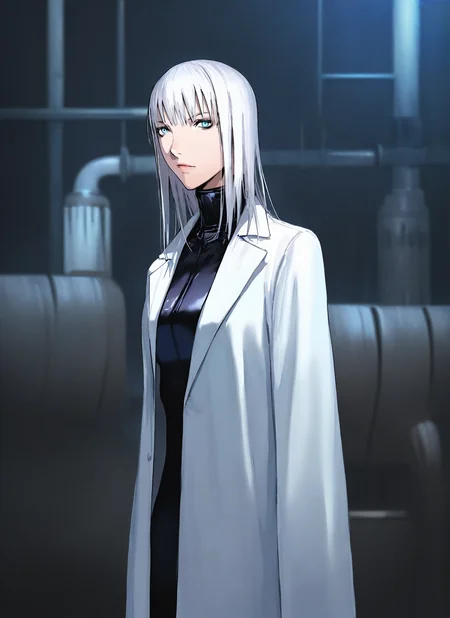artist:, masterpiece, best quality, newest, very awa, absurdres, highres, tmnh, 1girl, cibo, white lab coat, blue eyes, white hair, looking at viewer, factory, detailed, <lora:Tsutomu_Nihei_Blame_Style_Illustrious:1.0>