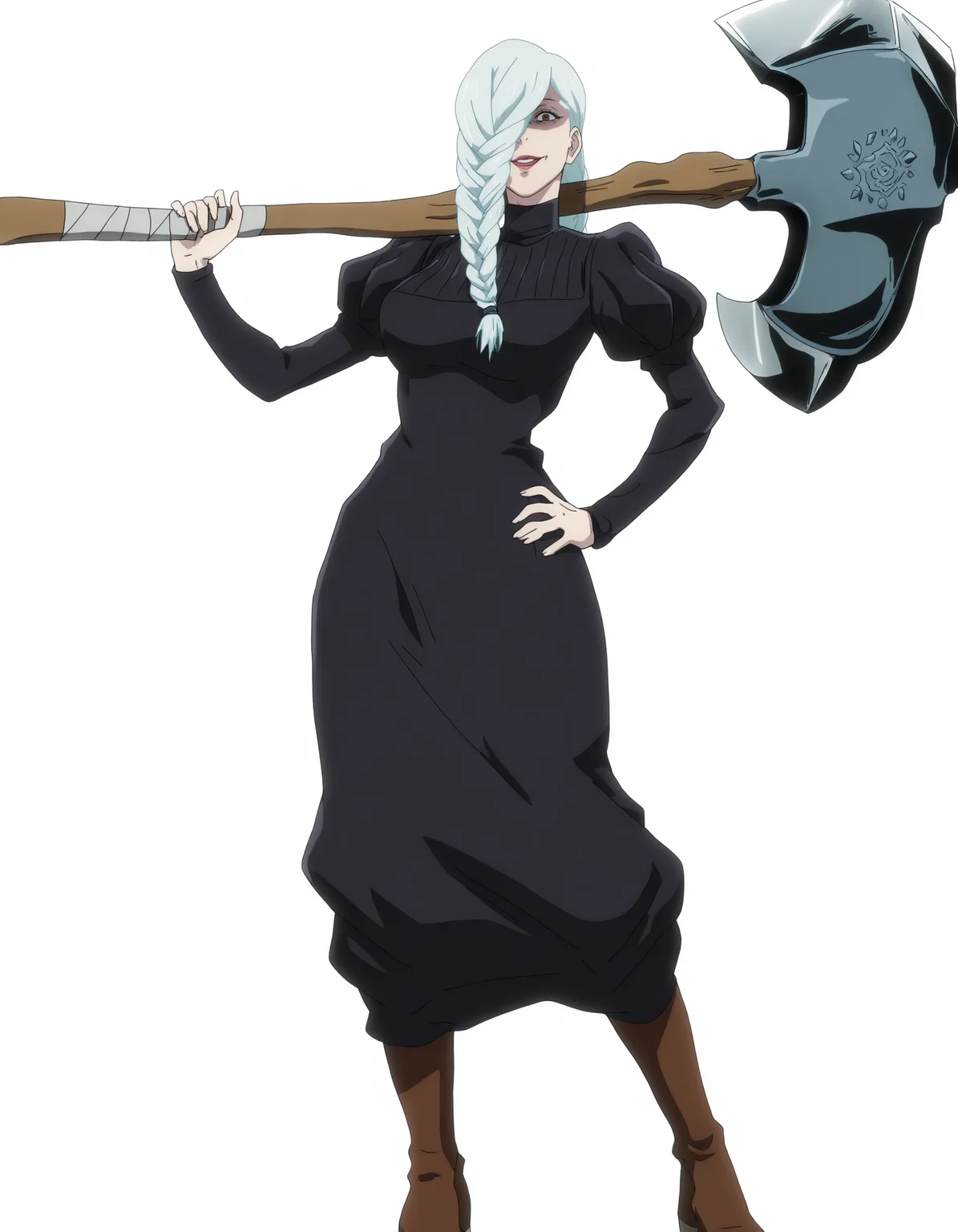 solo, full body, perfect composition, shadows, shading, <lora:anime_screencap-Illustrious:0.65> anime screencap, anime coloring, very aesthetic, absurdres, zPDXL, <lora:Pony_DetailV2.0:0.5> <lora:illustrious_quality_modifiers_masterpieces_v1:1>
<lora:MeiMeiJJK_15redo:1> m31m31, 1girl, mature female, hair over one eye, braided bangs, twin braids, long hair, crazy eyes, female focus, looking at viewer, smile, defined lips, hand on hip, weapon over shoulder, holding, weapon, battle axe, holding weapon, holding axe, huge weapon, swaying hip,
b3ttl3_attire, black dress, turtleneck dress, puffy sleeves, dress, brown boots,
white background, simple background, windy,