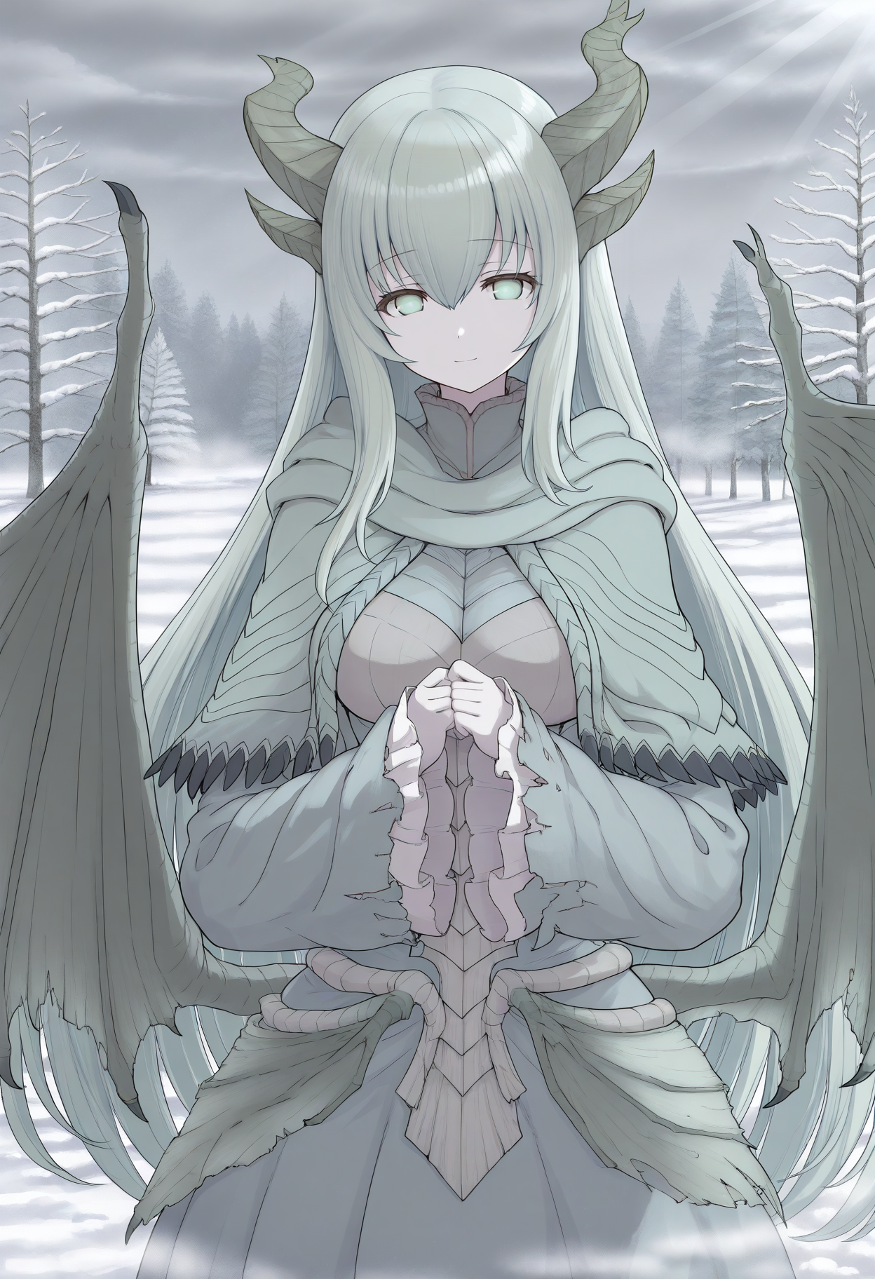 masterpiece,best quality,good quality,<lora:PAARTHURNAX_IL:1>, PAARTHURNAX, dragon horns, broken horn, dragon girl, dragon wings, very long hair, green hair, hair between eyes, green eyes, breasts, 
capelet, dress, sleeves past wrists, 
looking at viewer, own hands together, hands up, light smile, 
BREAK day, tree, snow, sky, grey sky, light shaft, light through clouds, sunlight,
