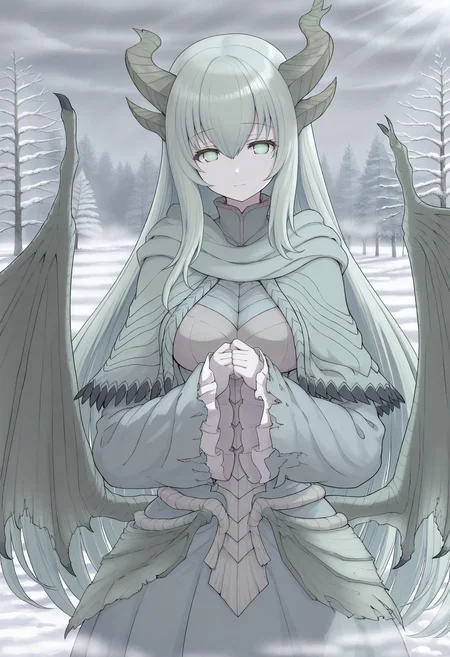 masterpiece,best quality,good quality,<lora:PAARTHURNAX_IL:1>, PAARTHURNAX, dragon horns, broken horn, dragon girl, dragon wings, very long hair, green hair, hair between eyes, green eyes, breasts, 
capelet, dress, sleeves past wrists, 
looking at viewer, own hands together, hands up, light smile, 
BREAK day, tree, snow, sky, grey sky, light shaft, light through clouds, sunlight,