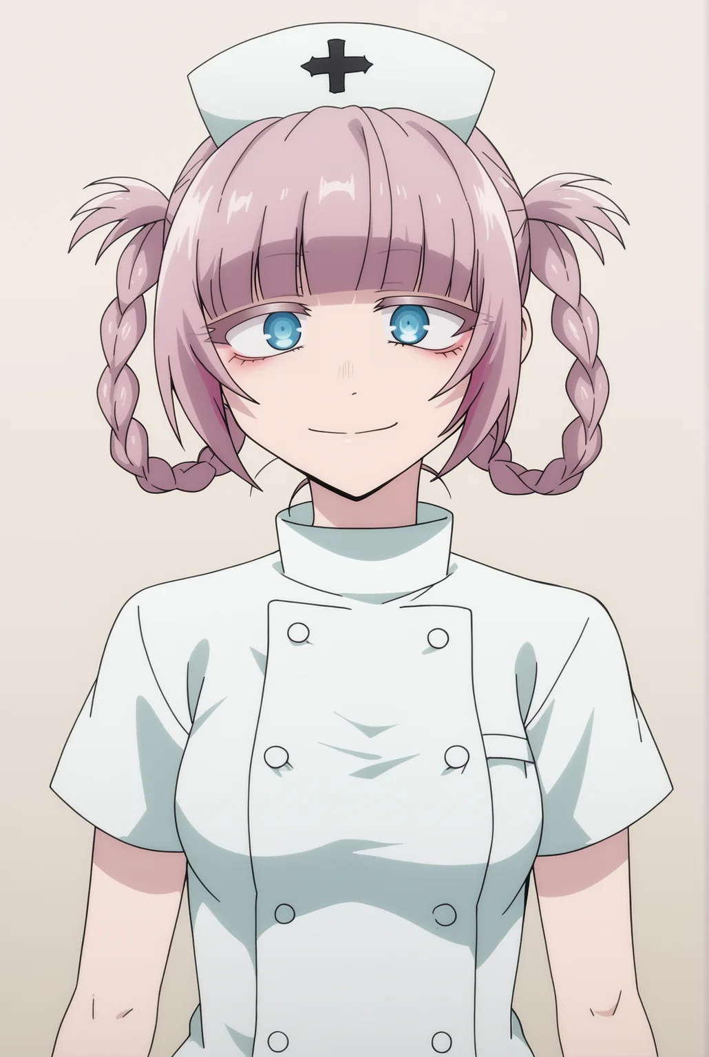 <lora:Nazuna_Nanakusa:0.8>, white background, Nazuna Nanakusa, upper body, smile, nurse, looking at viewer