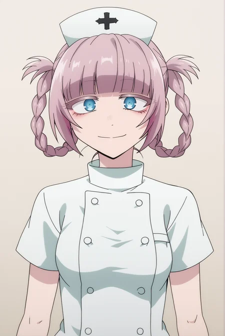 <lora:Nazuna_Nanakusa:0.8>, white background, Nazuna Nanakusa, upper body, smile, nurse, looking at viewer