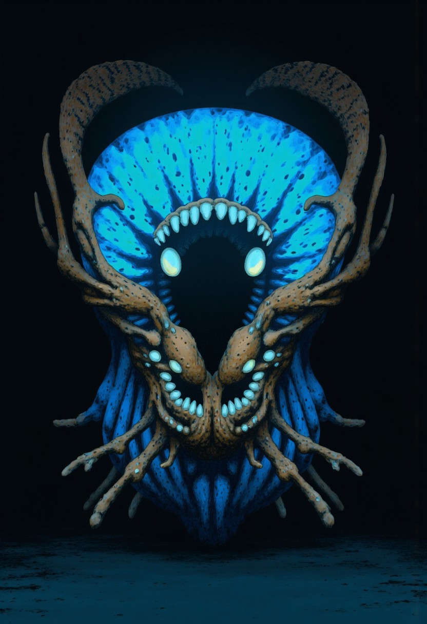 b3rs3rk first person d4concept pov, 3D01S, simple background d4artstyle atmospheric and powerful MikeFranchinastyle dark fantasy, natural organic and first person pov of a berserk style creature A Tsutomu Nihei style 
 deep-sea eel creature with biomechanical aesthetic, translucent ghostly-blue flesh revealing internal structures. Enormous circular maw filled with concentric rings of crystalline teeth, multiple rows deep. Massive lidless eyes with bioluminescent glow, surrounded by broad fin-like sensory organs resembling gothic architecture. Serpentine body with segmented bone-like plating and ethereal membrane fins undulating along length. Vestigial arms ending in sharp bio-mechanical pincers, legs with six webbed claws emerging from scaled hide. Skin texture transitions between translucent blue membrane and armored plates with muddy brown base and intricate patterns of black and tan speckles. 
UHD letterboxed game trailer frame chromatic aberration dark atmosphere sharp masterpiece with a focus on the character, elden ring style, dark atmosphere, chromatic aberration