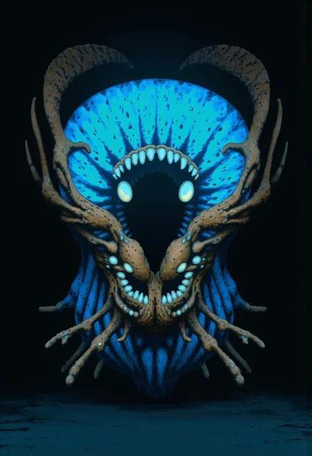 b3rs3rk first person d4concept pov, 3D01S, simple background d4artstyle atmospheric and powerful MikeFranchinastyle dark fantasy, natural organic and first person pov of a berserk style creature A Tsutomu Nihei style
deep-sea eel creature with biomechanical aesthetic, translucent ghostly-blue flesh revealing internal structures. Enormous circular maw filled with concentric rings of crystalline teeth, multiple rows deep. Massive lidless eyes with bioluminescent glow, surrounded by broad fin-like sensory organs resembling gothic architecture. Serpentine body with segmented bone-like plating and ethereal membrane fins undulating along length. Vestigial arms ending in sharp bio-mechanical pincers, legs with six webbed claws emerging from scaled hide. Skin texture transitions between translucent blue membrane and armored plates with muddy brown base and intricate patterns of black and tan speckles.
UHD letterboxed game trailer frame chromatic aberration dark atmosphere sharp masterpiece with a focus on the character, elden ring style, dark atmosphere, chromatic aberration