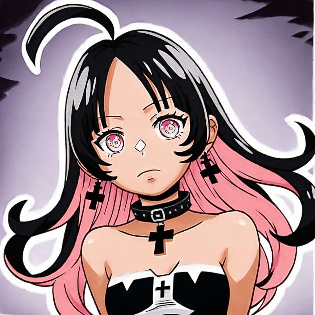 Akari Jogasaki, female, woman, girl, light pink eyes, multicolored hair, two-tone hair, two tone hair, black and pink hair, long hair, black cross earrings, black choker, black collar, perfect anatomy, detailed face, perfect face, detailed eyes, gorgeous, perfection, perfect, insanely detailed, HD, perfect eyes, perfect hands, perfect anatomy, best quality, masterpiece, beautiful, EyesHD, detailed, relaxed, hads behind back, arms behind back