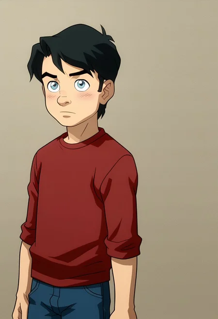 High Quality,  Billy batson,  solo, 1boy, black hair, blue eyes, red tshirt, bluejeans, young, small body.