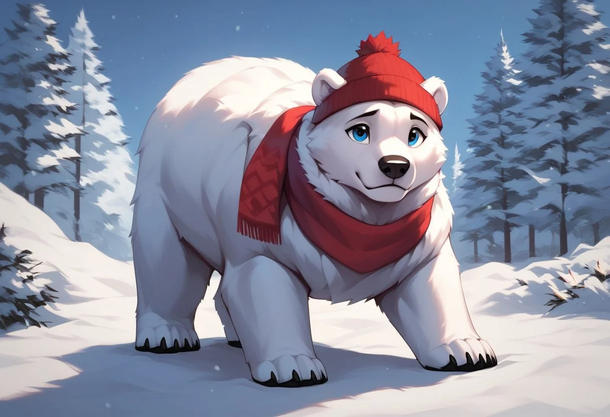 score_9, score_8, score_7, (masterpiece), best quality, expressive eyes, perfect face, fl00ffymadn3ss, (polar bear, feral polar bear), white fur, male, (snow, blizzard), cute pose, scarf, beanie