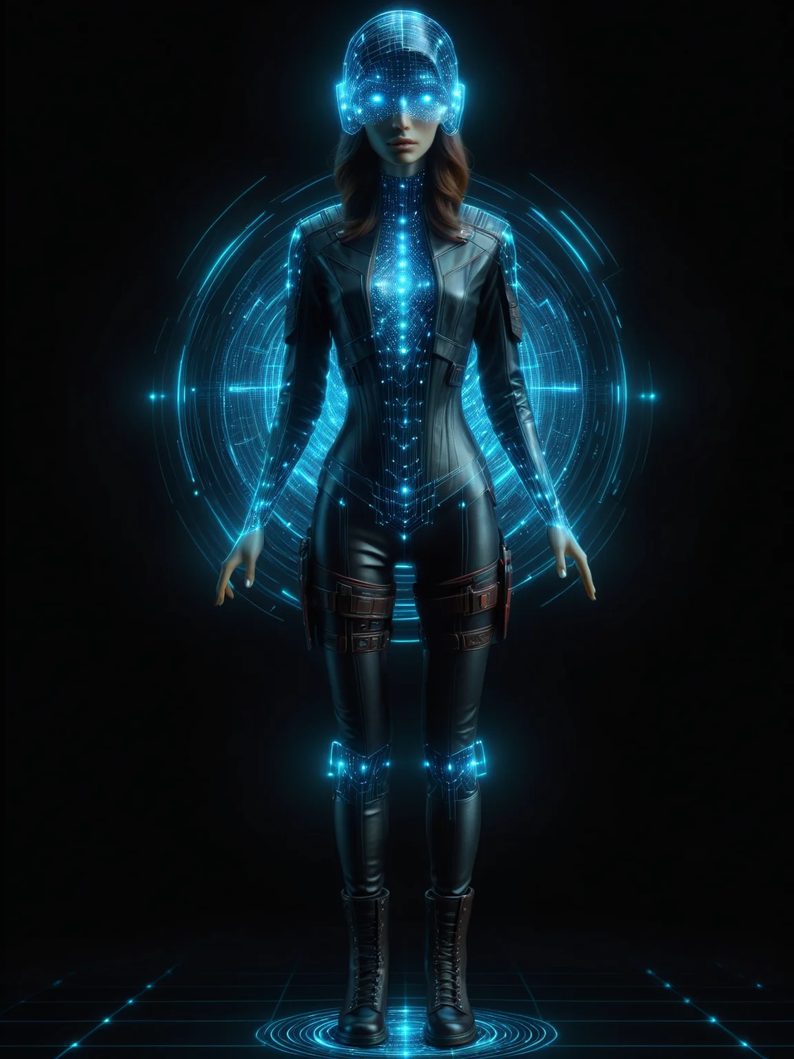 woman, <lora:Neon_Cyberpunk_SDXL:1> holodrift, dark background, (masterpiece:1.2), best quality