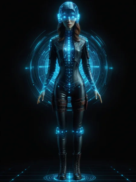woman, <lora:Neon_Cyberpunk_SDXL:1> holodrift, dark background, (masterpiece:1.2), best quality