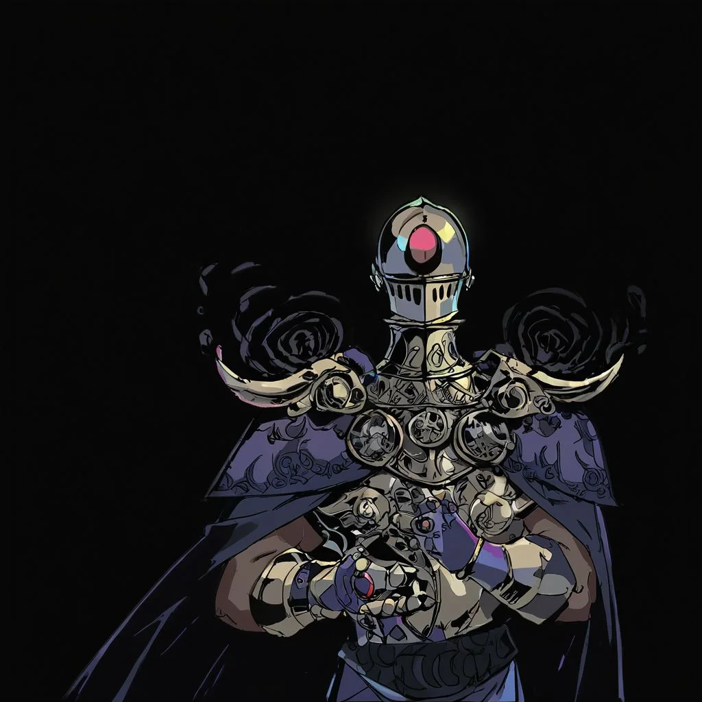 score_9, score_8_up, score_7_up, knight, wearing armor, genderless, w cloak, intricate patterns, gloves, enigmatic presence, dark background, illustrated, comic style, high contrast, vibrant colors, black background