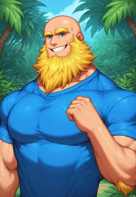 score_9, score_8_up, score_7_up, score_6_up, score_5_up, score_4_up, rating_questionable <lora:gomtang_style_1:1>, <lora:add-detail-xl:1.5>, Completely Bald, Half Body, Flexing Muscle With One Arm, (Tropical House Scenery), 1boy, {Strong Triangular Jawline}, bodybuilding, {massive pectoral}, {beefy muscle}, Tall, Goliath, Rugged Features, Chiseled Features, Mature Male, 40-Year Old Man, {Thick Yellow Eyebrows}, {Blue PE Teacher Shirt, PE Outfit}, Blue Eyes, Brawl Stars Style, Saying Hi, Closed Mouth Smile, Highlights,, Bald, Strong Neck, Epic Beard, {Very Long Beard}, Big Beard, Small Waist, Huge Biceps, ({Yellow Beard}), GomTang, {very long big epic beard), <lora:Cruz'sBeardedMan:0.7>, Looking At Viewer, Masterpiece, (Neck Mane, Beard Covering Neck, Beard Covering Chest), Hairy, Fixed Hands