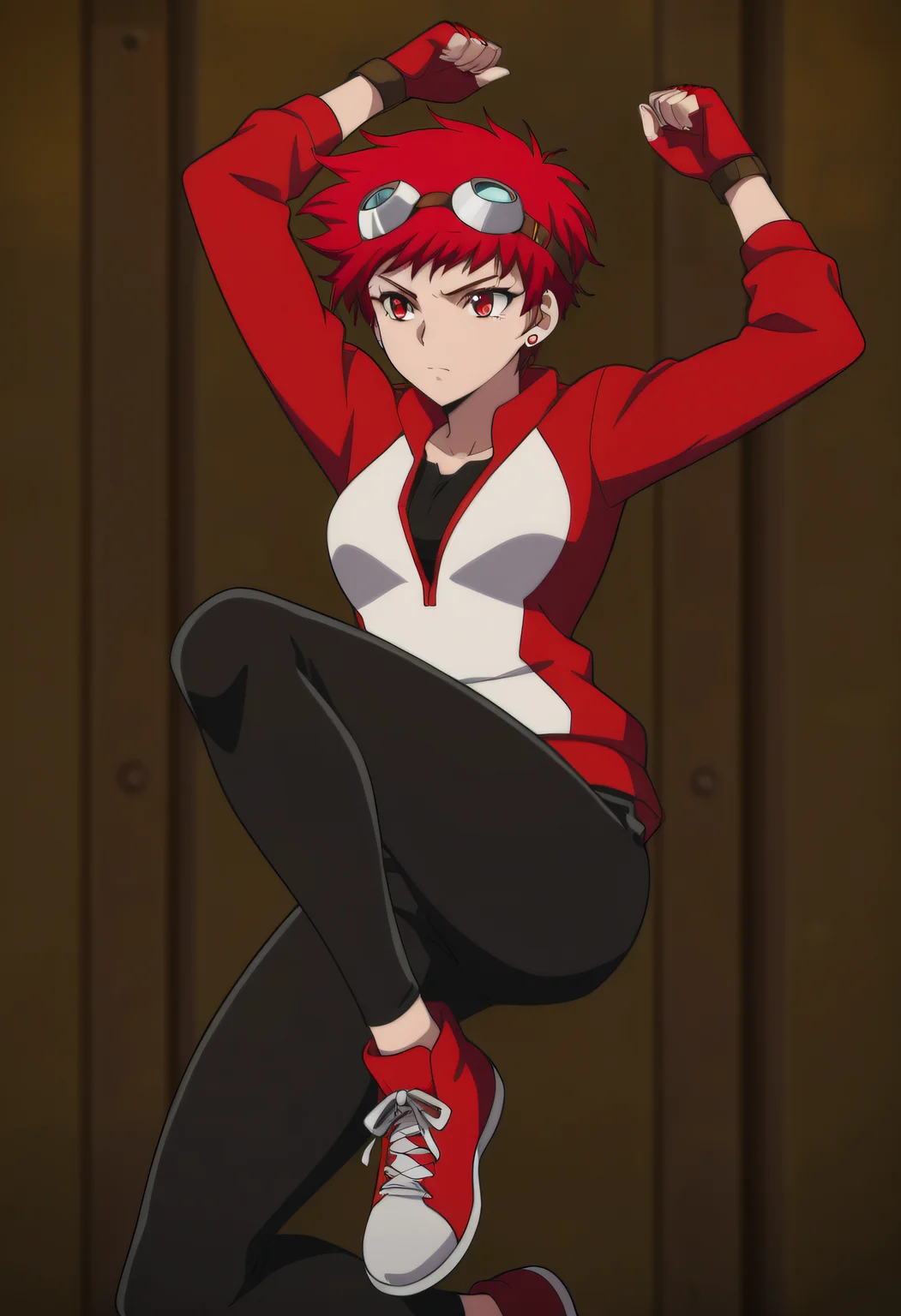 masterpiece, best quality, very aesthetic,
1girl, solo,
Ximena Victoria, short hair, red hair, red eyes, earrings, stud earrings,
jacket, goggles on head, fingerless gloves, pants,
Athletic, jump,
Anime coloring,