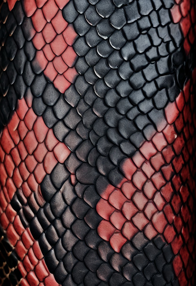 Realistic photograph of black and red snake skin texture. snake scales, macro, snake skin pattern