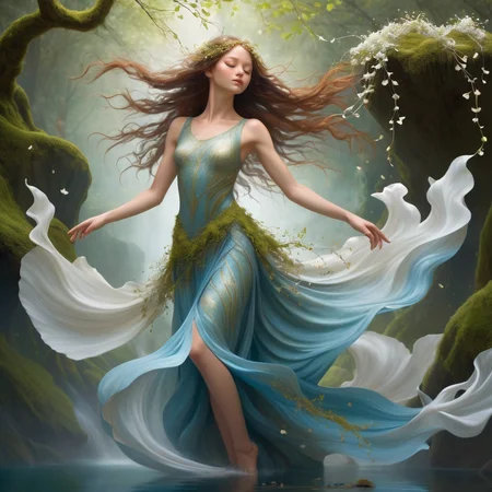 Envision a full body shot of a girl, a breathtaking embodiment of nature's splendor. Her figure is a delicate yet powerful fusion of the earth's elements, each aspect rendered with mesmerizing intricacy. Her hair flows like a cascade of autumn leaves, shimmering with hues of gold and amber, while her skin mimics the rich, fertile earth, textured with subtle hints of green, as if moss and tiny sprouts are emerging from it. Her arms and legs are like elegant vines, adorned with a myriad of tiny flowers, dewdrops, and fresh buds, showcasing the vibrant vitality of spring. Veins of shimmering water course through her, resembling flowing streams that reflect the light in a dance of sparkling blues and whites. Her eyes, deep and expressive, hold the serene azure of the sky, with flecks of white clouds drifting within. Around her, a gentle breeze seems to carry whispers of leaves and petals, adding a dynamic sense of movement to the image. This portrayal captures not just the visual beauty of nature's elements but their essence, creating a harmonious and ethereal representation of a girl who is one with nature.