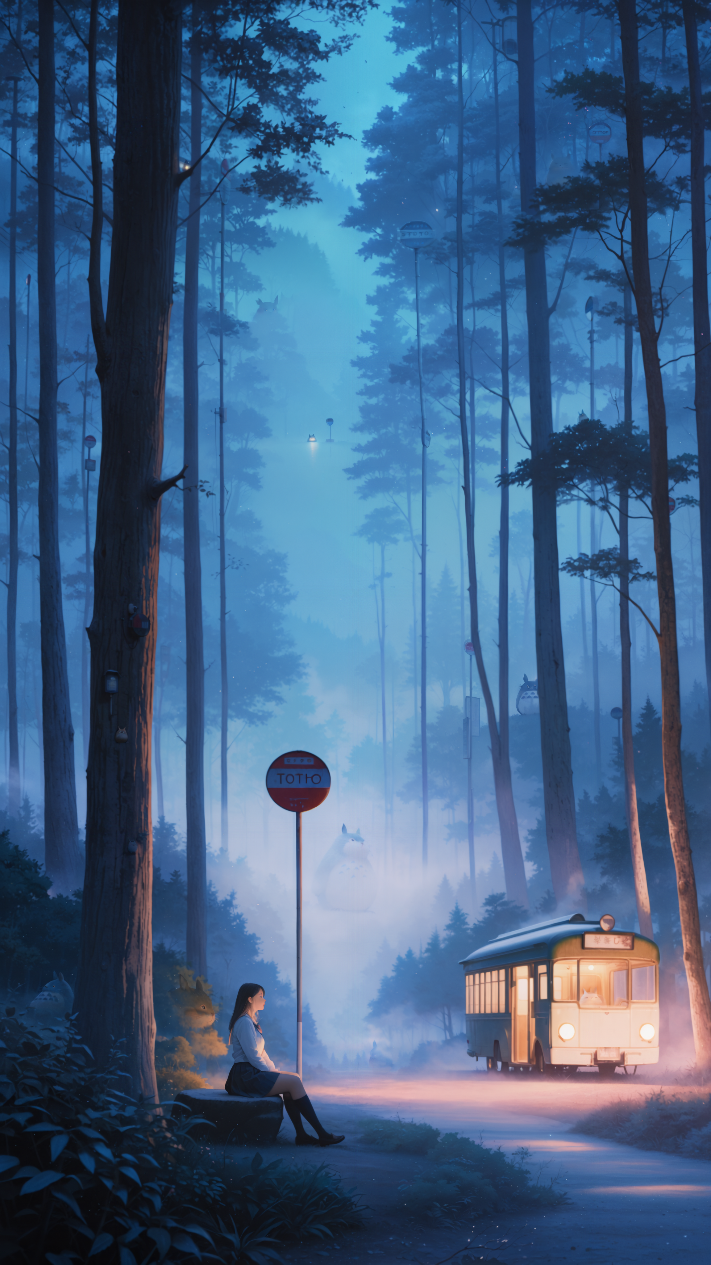 masterpiece, best quality, absurdres, realistic, masterpiece, sumi-e, realistic, volumetric lighting, pastel colors, watercolor pencil \(medium\),
1adult woman, school uniform,  totoro_bus_stop, sitting, nature, bushes, forest, fog, massive tree, relaxing, upper body, dark, by night, moonlight,