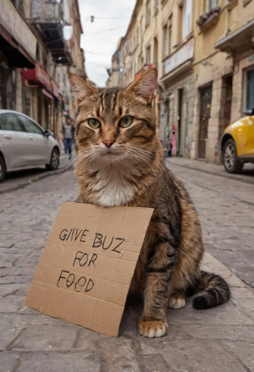 close-up photo, street, city center, ((pitiful cat sitting with a cardboard text "GIVE BUZZ FOR FOOD")), eyes in tears, disheveled, realistic, best quality, masterpiece,