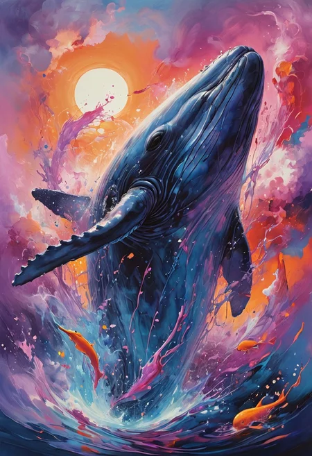 A stunningly realistic whale glides majestically through the sky, its detailed skin shimmering with shades of deep blue and gray. The whale's features are intricately rendered, showcasing the texture of its skin and the gentle curves of its body. Surrounding the whale is an abstract background filled with swirling colors and shapes, creating a vibrant contrast. The background consists of bold splashes of color—rich purples, fiery oranges, and soft pinks—intertwined with fluid, dreamlike patterns that evoke a sense of movement and whimsy. This artwork combines the realism of the whale with a captivating abstract environment, inviting viewers into a surreal world where nature and imagination collide.
[style of greg rutkowski,janek sedlar,jenny saville:0]  <lora:vivid_everclear:0.35>  <lora:Sinozick:0.35>  <lora:MJ52:0.35>