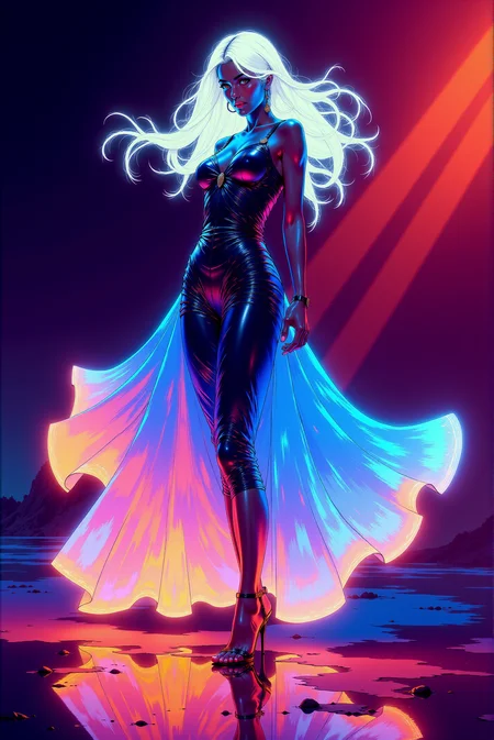 Glo-fi Art Style, A digital painting featuring a semi-realistic beautiful shapy young Italian female character Sofia standing close gracefully in aesthetic_pos3, her glowing long hair flowing in soft waves as if moved by a gentle breeze. She wears a long sleek flowing dress that appears to glow brightly in shades of flashy indigo at the top and hair, day-glo blue in the middle and glowing indigo bottom of the hem, creating a vibrant gradient of luminous colors against a very dark hues gradient background. Very dim lighting, dark environment. The woman stands barefoot, her reflection is clearly visible on the perfectly clean reflective surface below her, which glows faintly the colors of her dress. Her body posture is confident and elegant. Her expression is calm with a gentle smile. The overall neon lighting effect and the soft yet vibrant color transitions create a futuristic and dreamlike atmosphere., dynamic, dramatic, vibrant colors, glo-fi art style. <lora:DGLO_style_v.6:0.8>
