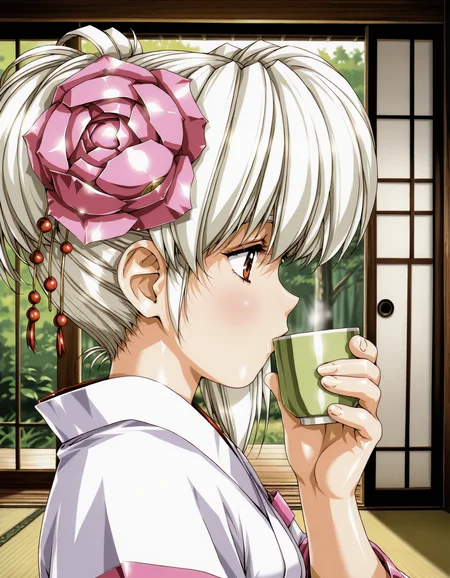<lora:alicia-illustrious-000100:1> marculey, hair ornament, hair flower,
1girl, solo, from side, green tea, drinking, upper body, tatami