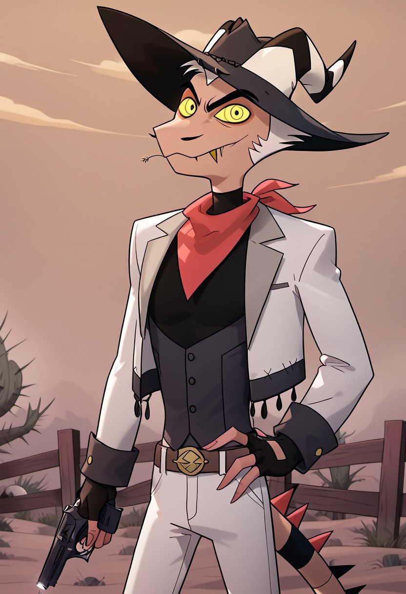 score_9_up, score_8_up, score_7_up, high quality, detailed, male, solo male, StrikerHB, 1boy, mature male, devil, light skin, black eyes, yellow sclera, colored sclera, horns, demon, broad shoulders, athletic build, white hair, mustache, facial hair, standing, half body, outdoors, looking at viewer, grinning, cowboy, cowboy hat, white jacket, red neckerchief, black shirt, white pants, ranch, desert, fence, black fingerless gloves, western, leaning against fence, pistol in one hand