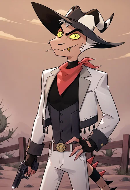 score_9_up, score_8_up, score_7_up, high quality, detailed, male, solo male, StrikerHB, 1boy, mature male, devil, light skin, black eyes, yellow sclera, colored sclera, horns, demon, broad shoulders, athletic build, white hair, mustache, facial hair, standing, half body, outdoors, looking at viewer, grinning, cowboy, cowboy hat, white jacket, red neckerchief, black shirt, white pants, ranch, desert, fence, black fingerless gloves, western, leaning against fence, pistol in one hand