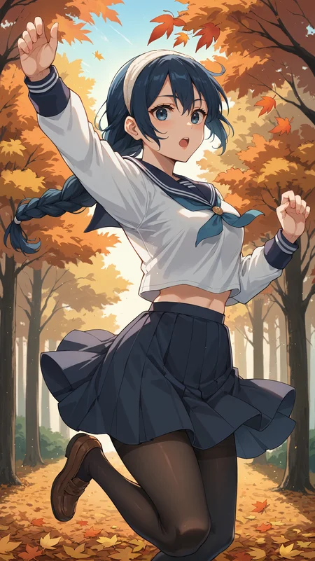 score_9,score_8_up,score_7_up,score_6_up, <lora:xl_more_art-full_v1:0.5>, source_anime, girl, dynamic pose, posing, <lora:Riko Amanai - Pony-000004:0.8>, blue hair, single braid, blue eyes, school uniform, serafuku, white hairband, blue pleaded skirt, pantyhose, autumn leaves, forest, sunset, falling leaves, blurry foreground,