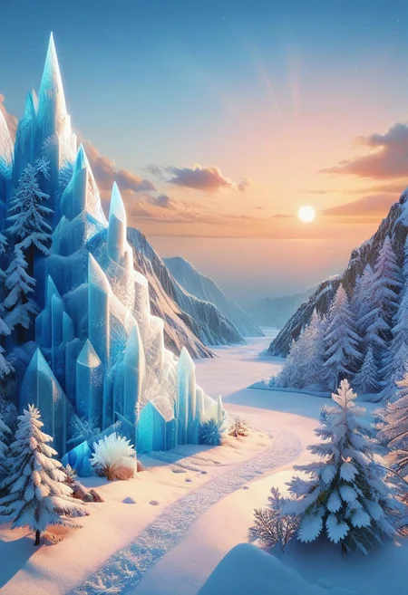 score_10 , score_9_up, score_8_up, score_7_up , score_6_up, vibrant colors, shiny_skin , prefect lighting, detailed image, snoozing , masterpiece , best quality , highly detailed , ultra quality , BREAK , ((fr0stwrld , snow , ice , made of ice , Everything made of ice)) , 
(Landscape) , tree , sea , beach , sun light , 
detailed background , 
<lora:xl_more_art-full_v1:1.2> ,