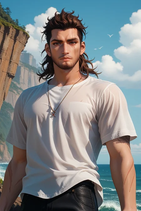 score_9, score_8_up, score_7_up,
<lora:FFGladiolus:0.8>
FFGladiolus, 1boy, brown hair, brown eyes, beard, scar, looking at viewer, standing on a cliff overlooking the ocean, wearing a flowing white linen shirt, wind blowing dramatically, powerful waves below, ethereal and majestic