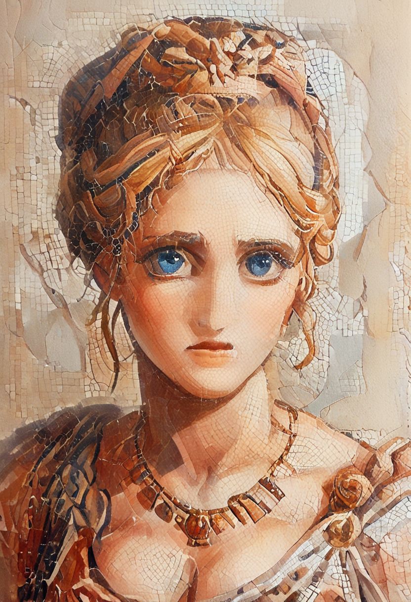 Roman mosaic of,  score_9, score_8_up, score_7_up, rating_questionnable, 18yo beauty czech girl,  solo, dynamic pose, blonde hair, (half updo), blue eyes, lips, collarbone, big tits, cleavage, necklace, jewelry, patterned dress, looking at viewer, indoor