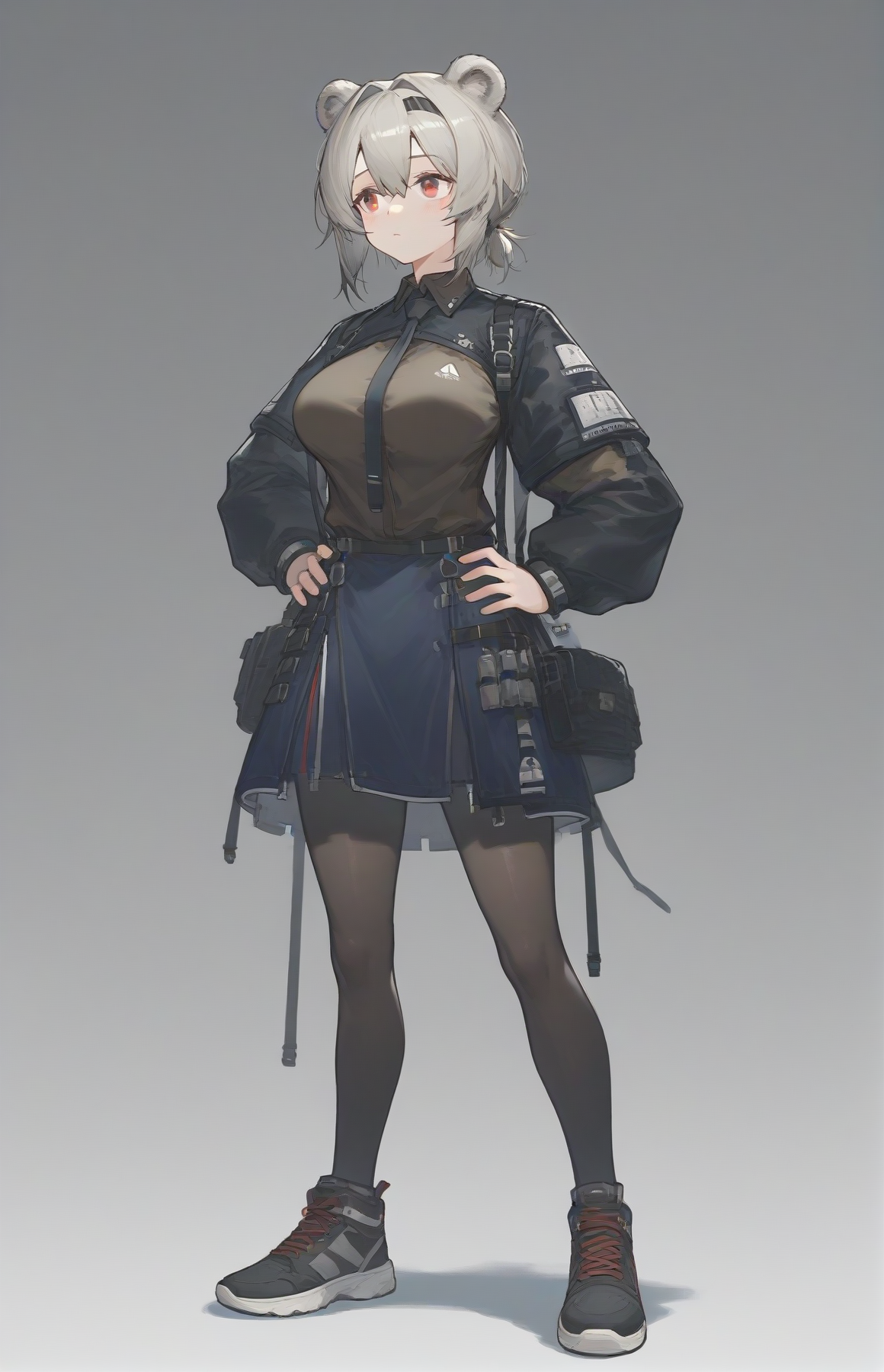 score_9,score_8_up,score_7_up,1girl,solo,light_blush,
<lora:Abstinthe-Pony-07:0.8>,
abstinthe-base,animal ears,bear ears,red eyes,short hair,brown hair,grey hair,bear girl,hair between eyes,short ponytail,large breasts,
bag,black necktie,brown shirt,black jacket,black pantyhose,blue skirt,grey hair,jacket,long sleeves,miniskirt,shoes,skirt,sneakers,rhodes island logo (arknights),
simple background,standing,hands on own hips,